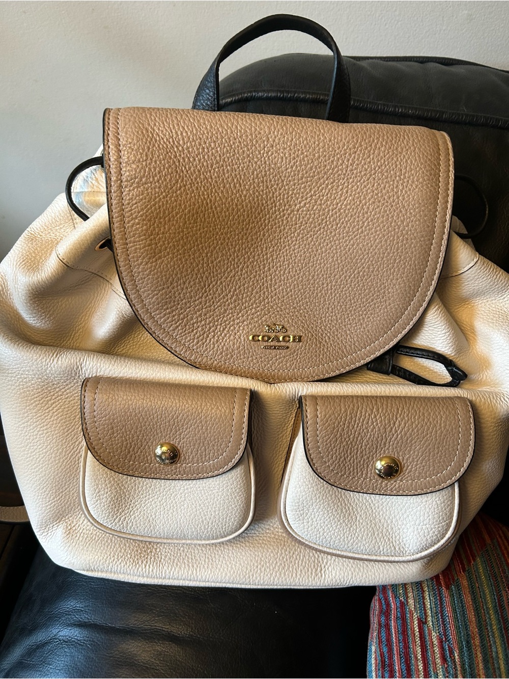 NWOT Coach Pennie Two-Tone Tan & Cream Pebbled Leather Backpack - Picture 9 of 12